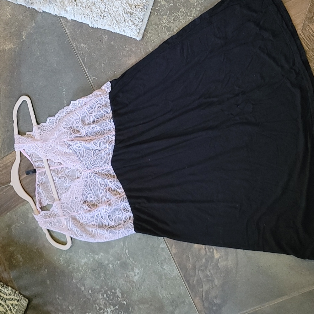 Black cotton gown with pink bodice lace detailing